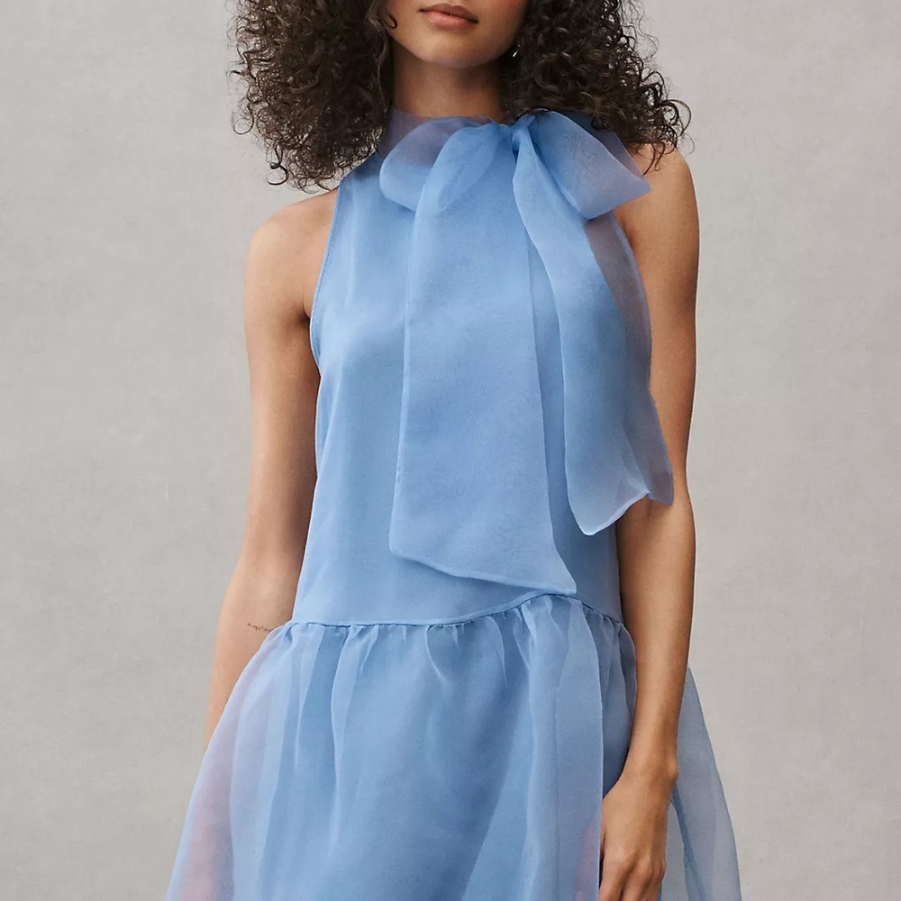 BHLDN Sophia High-Neck Bow-Tie Organza Mini Dress Elegant